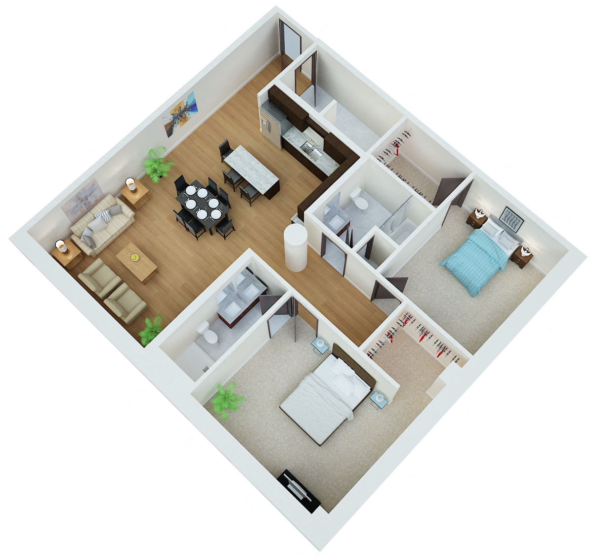 Floor plan for 2 beds, 2 baths, 1542 sqft
